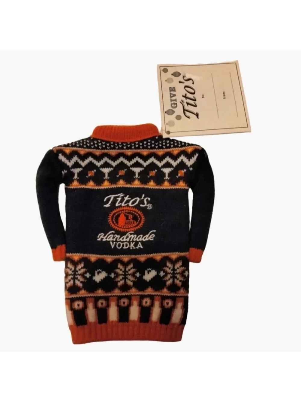 Titos Handmade Vodka Miniature Ugly Sweater Bottle Cover Coozie Koozie